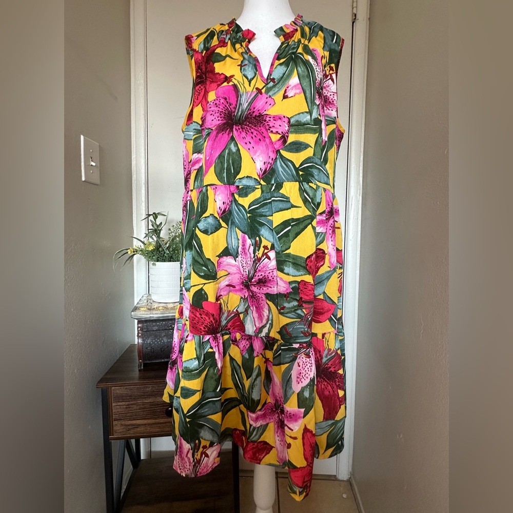 Floral Sleeveless‎ Dress - Yellow and Pink women size 14